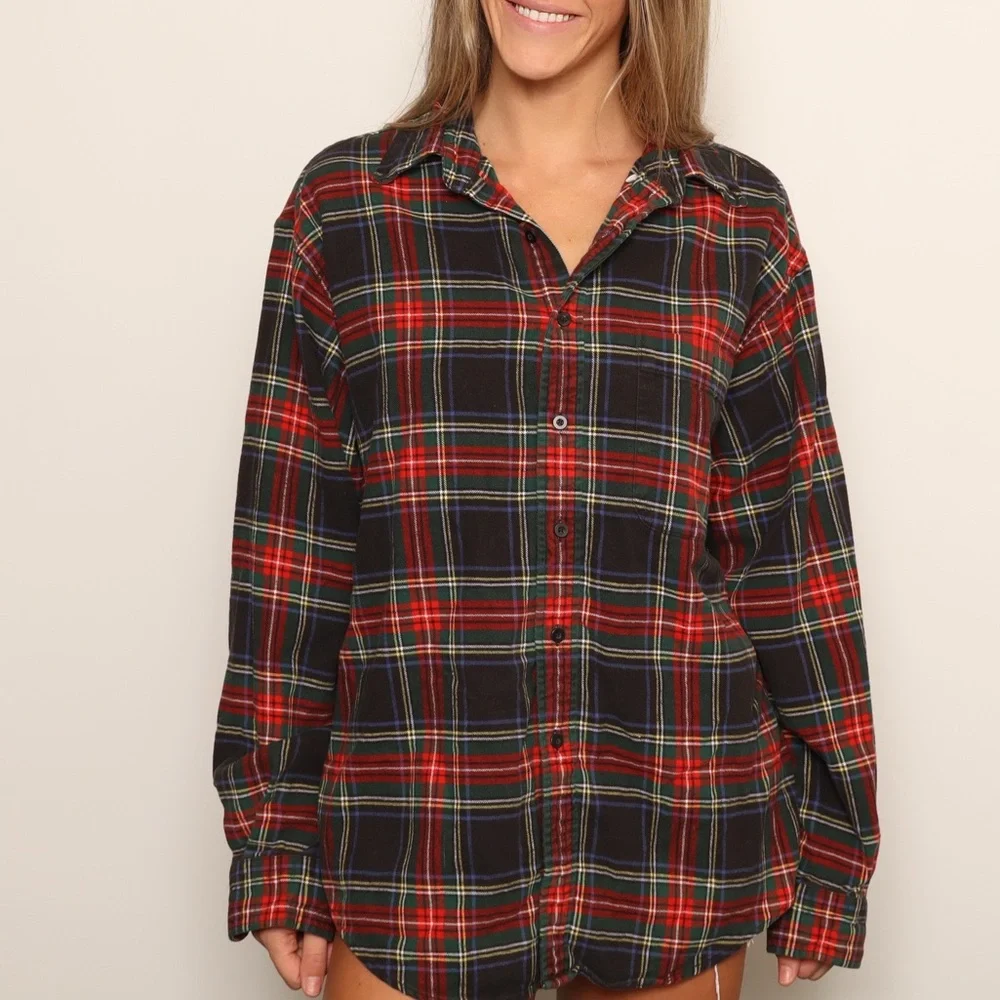 Vintage Lands End Super Cozy Multi Color Plaid Flannel Button-Up Shirt - Picture 2 of 5